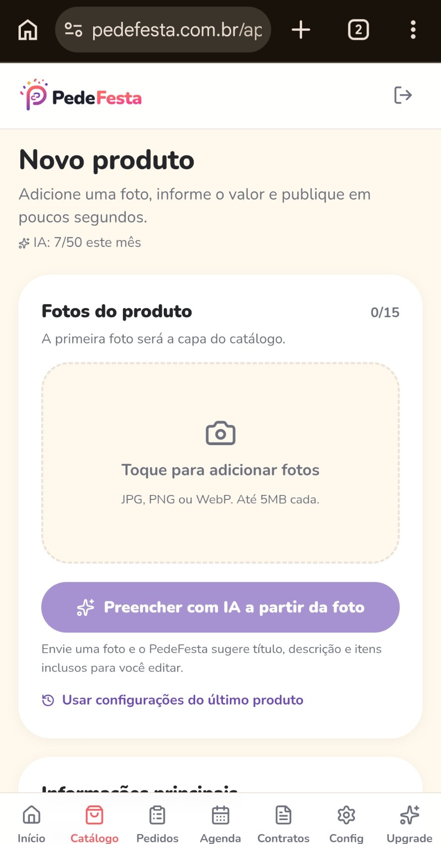 Tela de novo produto com IA a partir da foto.