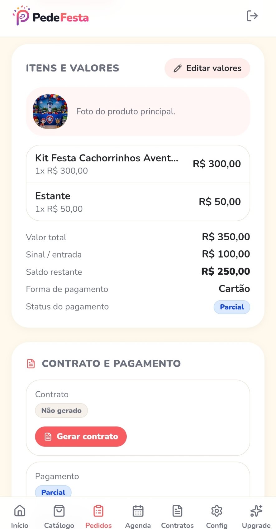 Tela de itens e valores do pedido com contrato e pagamento.