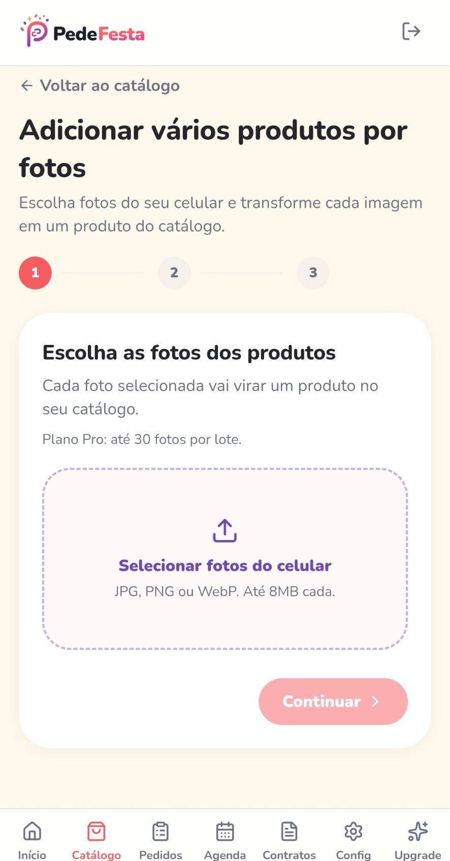 Tela de cadastro em massa por fotos no PedeFesta.